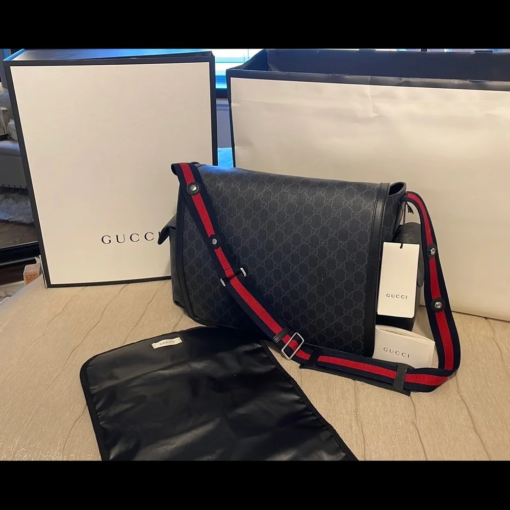 Gucci Black GG Messenger Baby Bag with Red and Navy Web Strap
